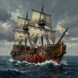 detailed matte painting of a pirate ship wreck piercing the sea, holocaust on the water, blood in the sea, detailed cinematic scene, by marc simonetti