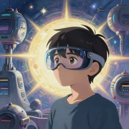 painting of near future technological world, magical realism, screenshot from the Kyoto Animation anime about the boy who wears nervegear, real life blended with virtual reality