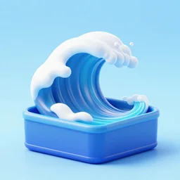 pretty cartoon stilyzed 3 d render of a single ocean wave in a box, redshift, octane, clear background, blue and cyan, caustics, volumetric