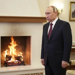 vladimir putin in a waistcoat staring at a log fire photograoh