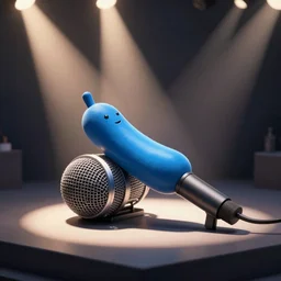 a little blue creature in the shape of a sausage lies on a huge microphone on the stage