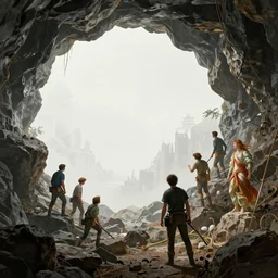 huge mysterious white wall is revealed behind rocky wall by miners deep down underground, movie poster with mystical feeling, beautiful detail, cinematic scene, art by john collier and albert aublet and krenz cushart and artem demura and alphonse mucha, volumetric lighting, octane render, 4 k resolution, matte, sharp focus, illustration, art by jacque - louis david, baroque style