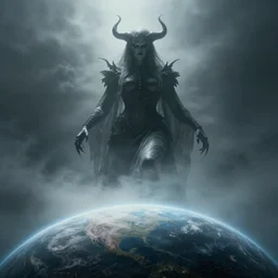 evil space god/goddess looming over planet, ominous, foggy, 4K, high octane