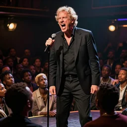 photo of kramer on stage in a nightclub screaming angrily at a crowd of black people