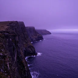 cliff landscape with violet ocean, 8 k, moody, purple water, intense color, highly detailed, dream landscape, violet fog, wide, high color saturation,