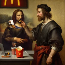 Oil painting of a man ordering at McDonald's, renaissance, highly detailed, artstation, unreal engine 5, by Leonardo da Vinci and Michelangelo