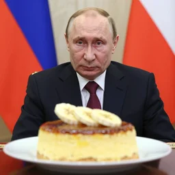 vladimir putin endorsing a creme brulee with banana slice on top