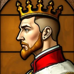 very detailed portrait of a 3 0 year old crowned king, profile view, side view, stern and confident, simple golden crown with short spikes, short buzzcut, chin strap, red coat with white collar, stained glass art, by alphonse mucha, very masterful
