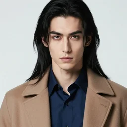 portrait by yoji shinakawa, handsome male vampire, focus on face, pretty, long black hair, dark blue shirt, light brown coat