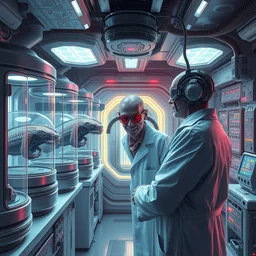 mad biopunk scientist in his futuristic lab with prototype inorganic superbeings in enclosed glass tanks, highly integrated futuristic automatic medical care unit in a cyberpunk hospital lab, 3 d bioprinter, mri, cnc, highly detailed, vibrant, hyperdetailed scifi concept art, artstation, hdr, rtx, by caravaggio, inspired by masamune shirow, cgsociety