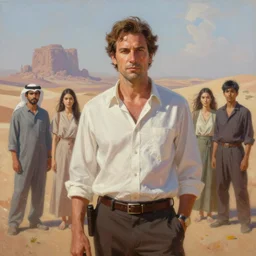 frank grillo is a private detective on an arabian adventure, an ultrafine detailed painting, boris valejo. ethereal, colorful, digital painting by james jean, viktoria gavrilenko, sana takeda, yukito kishiro, sharp brush, soft color, landscape painting by greg rutkowski, peter mohrbacher, john harris