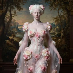 neoclassical professional photorealistic closed detailed portrait of only one wonderful symmetrical albino goddess with a beautiful clear skin dressed with a majestic warp intricate semi transparent silk pink and cream roses long dress, ornate, intricate, detailed, dramatic light, award winning, octane render, on the back a wonderful renaissance landscape, meredit frampton style