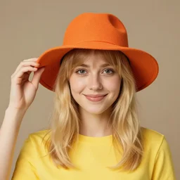 portrait tres jolie d'une souriante femme 2 5 ans, cheveux moyen jaune blonde caractere avec un chapeau orange, cheveaux sorte un peu du chapeau, la femme mets sa main sur le chapeau pour essayer de le retenir.