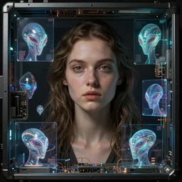 beauty young french woman portrait in holograms of alien artifacts, electrical case display, total recall tech, ultrarealistic, dramatic lighting, electrical details, high details, 4k, 8k, best, accurate, trending on artstation, artstation, photorealism, ultrarealistic, digital painting, style of, Caravaggio, Peter Mohrbacher, Boris Vallejo