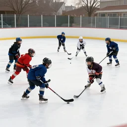 a painting of a group of kids playing hockey in an outdoor rink