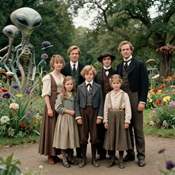 sharp, highly detailed, 9216k film, 24500mm film still from a sci fi blockbuster color movie made in 2019, set in 1860, of a family standing in a park, next to some strange alien plants and flowers, on an alien planet, the family are all wearing 1860s era clothes, good lighting, enhanced faces, 350mm f/1.4L lens