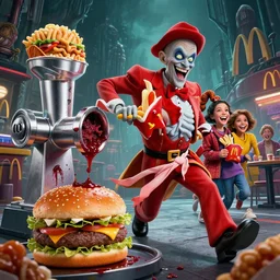 dystopian lovecraftian mcdonalds 2 0 2 0 superbowl commercial starring the hamburgler! with a bloody meat grinder! chasing! a smiling happy family in the style of h. r. giger