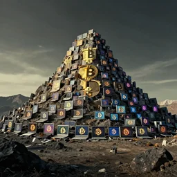 a mountain made out of computer screens that display bitcoin logos, cinematic, post - apocalyptic landscape, harsh contrast lighting, in the style of surrealism, made by salvador dali