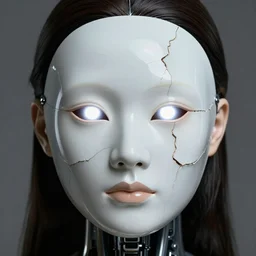 A close-up portrait of a beautiful female cyborg wearing a cracked porcelain mask, exposed inner structure, glowing white pupils, wlop, trending on artstation