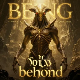 exquisite imaginative alien creature poster art, text saying being from beyond, gold, movie art, looming, by lucusfilm, weta studio, alphonso mucha, james jean, frank frazetta, 8 k, denoised, sharp, crisp, high quality, cinematic