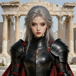 light grey hair portrait knights of zodiac girl + smoky eyes, matt black / little red color armor, in ruined agora of athens, ssci - fi and fantasy, intricate and very very beautiful and elegant, highly detailed, digital painting, artstation, concept art, frostbite engine, smooth and sharp focus, illustration, art by tian zi and wlop and alphonse mucha