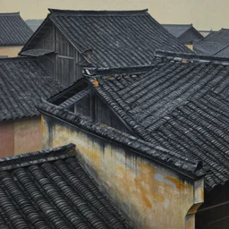 painting of structures with tile roofs, and peaked wooden roofs, structures blackened to some degree by a patina of soot. structures darkest at the top, where the ash gathered, but rainwaters and evening condensations had carried the stains over ledges and down walls in an uneven gradient.