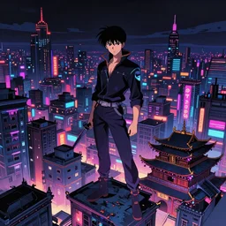 Anime cyberpunk vajrayana Tibetan neon cityscape, Ghost in the Shell, Tekkonkinkreet, favelas, temples, cinematic matte painting concept art