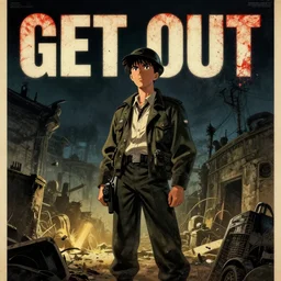 vintage movie poster art [ get out ] in the style of wwii propaganda fine details. night setting. very anime style. realistic shaded lighting poster by ilya kuvshinov katsuhiro, unreal engine, global illumination, radiant light, detailed and intricate environment