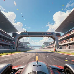 cinematic low angle wide angle shot worms eye view of a realistic futuristic vehicle racetrack finish line with confetti on a sunny day with a clear blue cloudy sky angled up, cyberpunk, digital painting, illustration, good value control, crowded stands, rule of thirds, golden ratio, horizon line focus, sharp focus, fourze, realistic textures, f zero, speed racer movie, 8 k