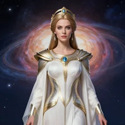 portrait of the powerful empress of the solar system in the style of anna dittmann and in the style of alberto vargas. glowing, ornate and intricate linework, stunning, dynamic lighting, ultrafine and hyperdetailed.