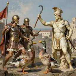 ducks! fighting against greek warriors, ancient greek statue, epic, detailled