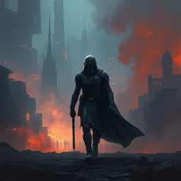 a painting of a cinematic keyframe of a star wars mysterious mandalorian walking into a cinematic landscape city, heavy atmosphere and smoke by greg rutkowski, rule of thirds, golden ratio, ambient lighting, wlop, artgerm, artstation, highly detailed masterpiece, dark fantasy art, high detail, trending on artstation