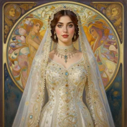 full body portrait of a beautiful Kurdish bride wearing beautiful a beautiful wedding dress, very detailed eyes, hyperrealistic, beautiful, very detailed painting by Claude Monet and Alphonse Mucha, trending on artstation, extremely high detail, incredibly intricate
