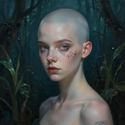 fantasy portrait of a bald-headed girl in the style of Anya Taylor with black scars on her face, swamp vegetation in the backround, nocturnal palette, art by Greg Rutowski, Raphael Lacoste, Eddie Mendoza