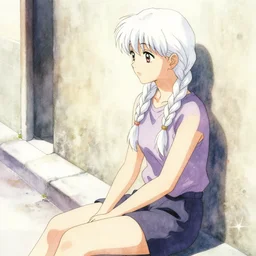 girl sitting in street. against wall. white braids. look left. anime, watercolor, akira toriyama