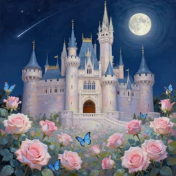 rococo painting of a castle, pastel roses and blue butterflies in the foreground, night time, the moon on the top right, shooting star, volumetric lighting, realistic, symmetrical, digital painting, in the style of kehinde wiley, alphonse muca, artem demura