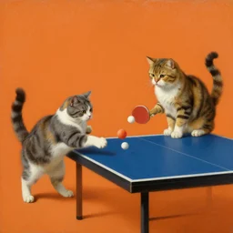a detailed picture of two cats playing ping - pong, orange background, oil painting, velazquez and magritte
