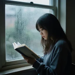 lofi hiphop girl reading by the window on a rainy day ,40 mm, 1/100 sec, f/2.8, ISO 800