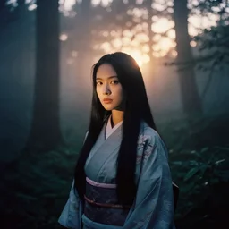 portrait bust of woman, model, film grain, kodachrome, dense forest, long black hair, low key, classic kimono, heavy fog, backlit, princess mononoke, 4 k, greg rutkowski, shallow depth of field, dramatic lighting, sunset, hayao miyazaki, masashi ando, nizou yamamoto, kazuo oga