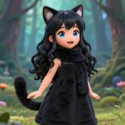 render of a very kawai joyful 3d anime girl, fluffy tail, wearing fluffy black scarf, long dress, black long curly hair, watery eyes, cat ears, in the magical forest, medium shot, mid-shot, highly detailed, trending on Artstation, Unreal Engine 4k