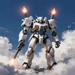 a armored core v by liam wong, fromsoftware, two booster flares, a laser rifle, smoke, dark blue sky, cloud, empty wilderness ground, karst landscape ; wide shot, outdoor, digital painting, cinematic contrast, dynamic backlighting, sharp edge, motion blur