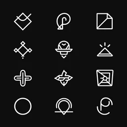vector art of multiple scattered symbols on perfect clean black background, featured on behance, clean design, line weight, geometric design, vector art, adobe illustrator,