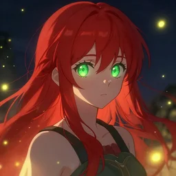 hyper detailed, sharp, digital art, portrait of a red haired infp anime girl with green eyes in a wonderful scene amid fireflies, dramatic lights, dreamy, very atmospheric