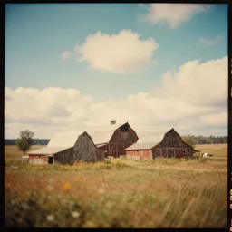 kodak portra 4 0 0, extreme fisheye, wetplate, muted colours, no people, 1 9 3 0 s award winning colour portrait of a beautiful landscape, sunshine, clouds, farm barns, red dead redemption 2, by saul leiter, insanely detailed, insanely intricate, depth of field, motion blur, blueberry teal creme orange colours, no people