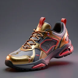 realistic 3 d render of a cyberpunk android sneaker, beautiful studio lighting, soft, sharp focus, neon cyberpunk highlights, intricate detail, gold and red metal, soft rubber, textured plastic, octane render, side view, close up, trending on artstation, deviantart