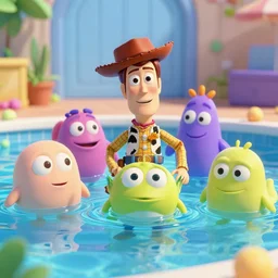 funny crazy creatures in the swimming pool in style of Toy story, pixar, 8k hd dof