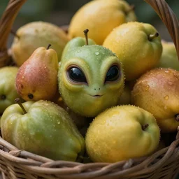 An Extreme close-up angle of a basket full of fruit from an alien world taken .