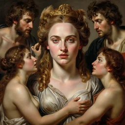 masterpiece contrite conundrum, beautiful Helen of Troy/Diane Kruger surrounded by muses of quarrel, by Edgar Maxence and Caravaggio and Michael Whelan and Caravaggio artistic, intricate drawing, light brazen, realistic fantasy, extremely detailed and beautiful aesthetic face, establishing shot, 8k resolution, dramatic lighting