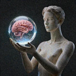 a beautiful mannequin holding a glass ball representing the universe, brain of the future, in the style of michael cheval, 4k, trending on artstation, hyper detailed, photorealistic, volumetric lighting, octane render, dramatic
