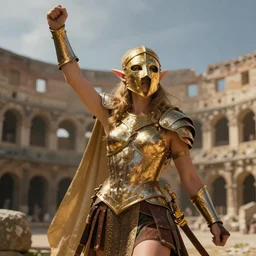 female elf roman gladiator, wearing a golden mask!!, arena in background, victory pose, digital art, fantasy art by john blanche, larry elmore